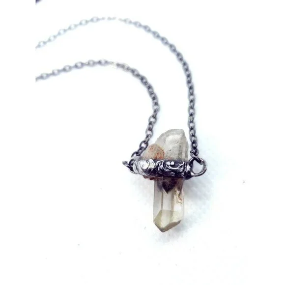 Raw quartz crystal necklace handmade gothic metalwork jewelry men's minimal - Picture 6 of 11
